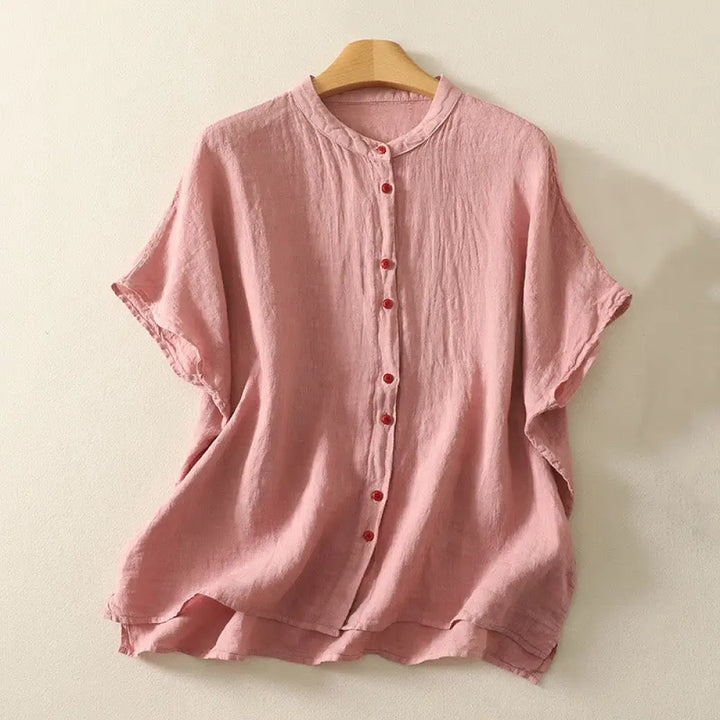 Buddha Stones Summer Plain Red Buttons Short Sleeve Women’s Cotton Linen Shirt - DarkSalmon / US6，UK/AU10，EU38 (M)