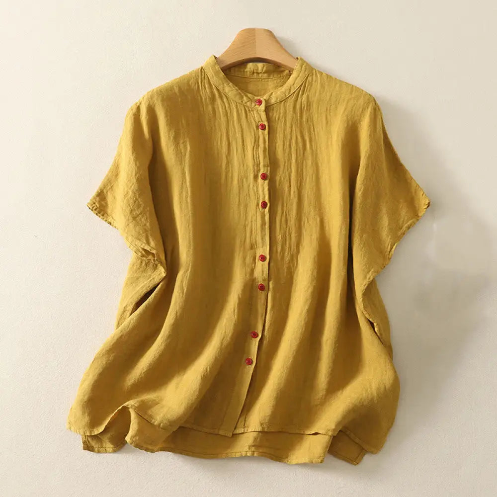 Buddha Stones Summer Plain Red Buttons Short Sleeve Women’s Cotton Linen Shirt - Goldenrod / US6，UK/AU10，EU38 (M)