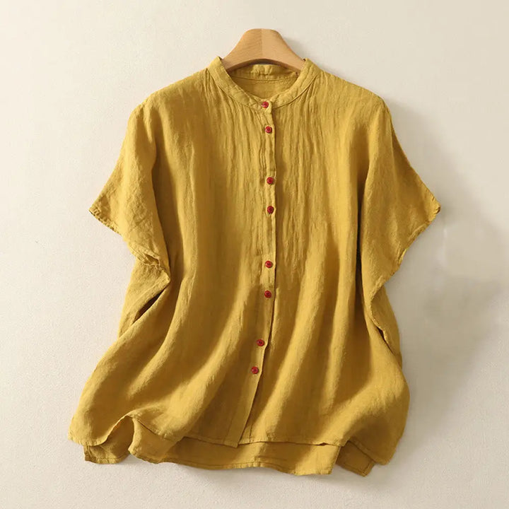 Buddha Stones Summer Plain Red Buttons Short Sleeve Women’s Cotton Linen Shirt - Goldenrod / US6，UK/AU10，EU38 (M)