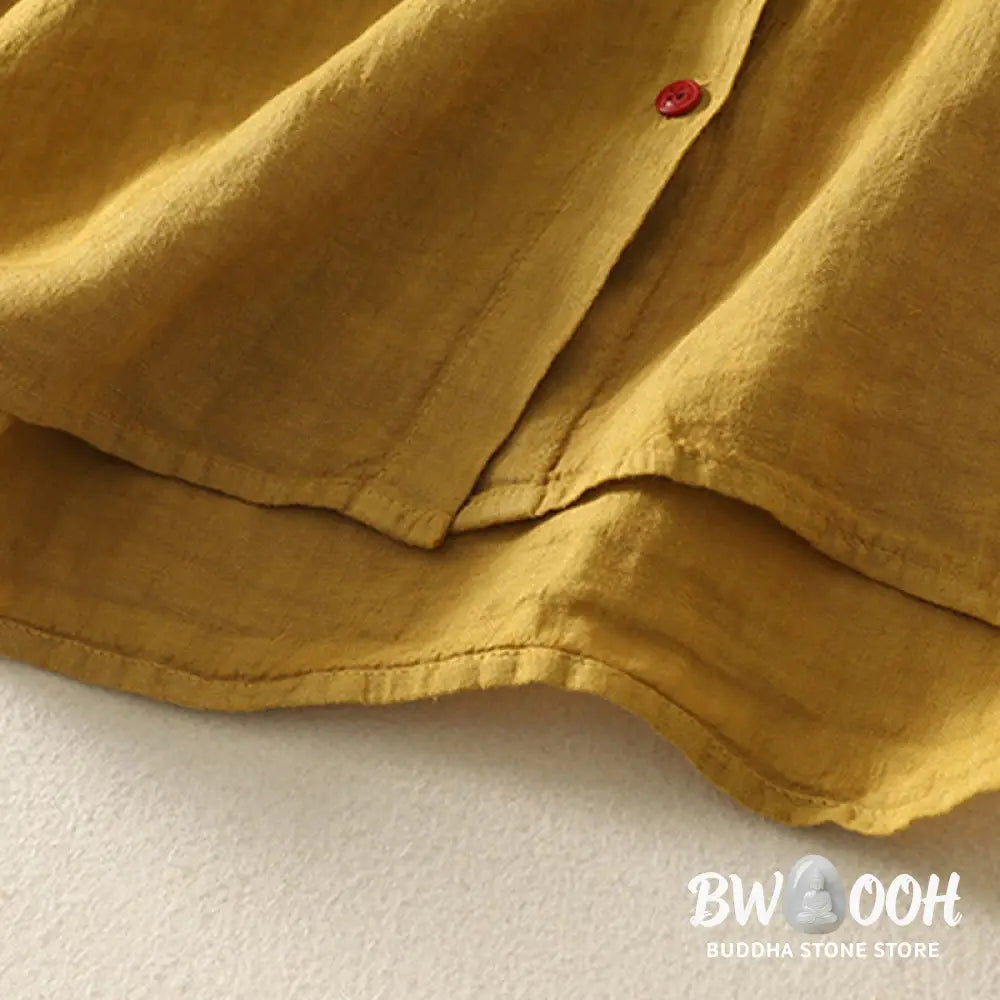 Buddha Stones Summer Plain Red Buttons Short Sleeve Women’s Cotton Linen Shirt - Women’s Shirts