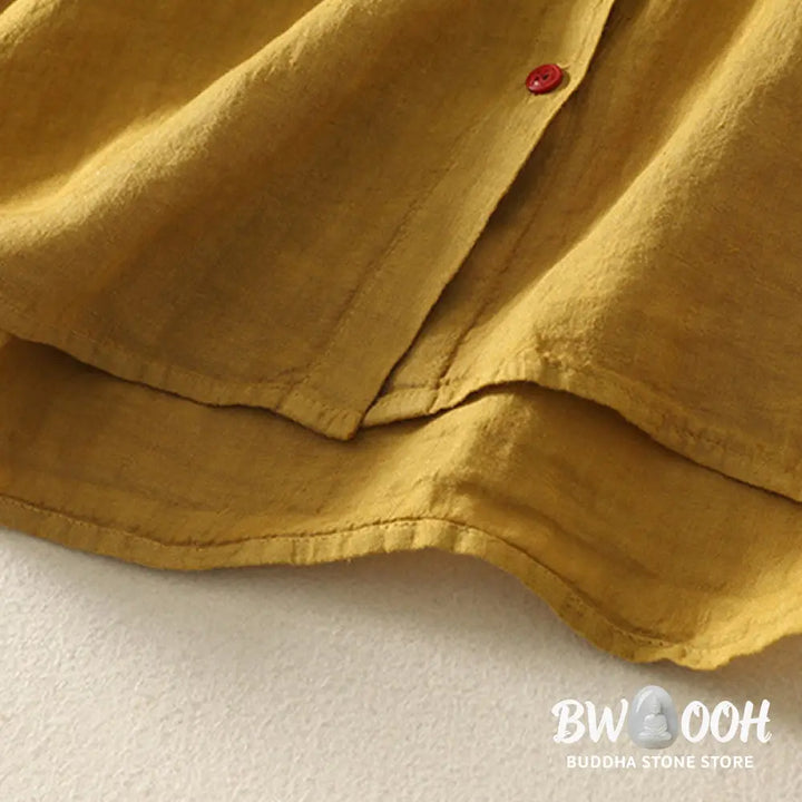 Buddha Stones Summer Plain Red Buttons Short Sleeve Women’s Cotton Linen Shirt - Women’s Shirts