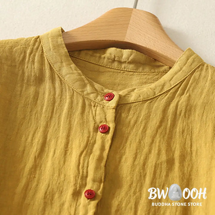 Buddha Stones Summer Plain Red Buttons Short Sleeve Women’s Cotton Linen Shirt - Women’s Shirts