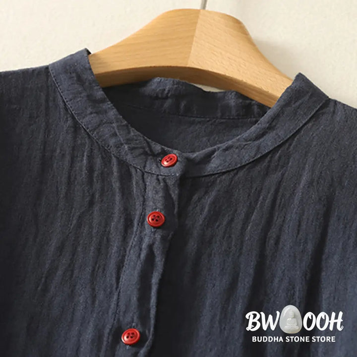 Buddha Stones Summer Plain Red Buttons Short Sleeve Women’s Cotton Linen Shirt - Women’s Shirts