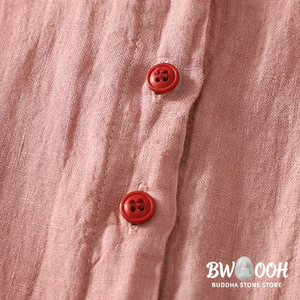 Buddha Stones Summer Plain Red Buttons Short Sleeve Women’s Cotton Linen Shirt - Women’s Shirts