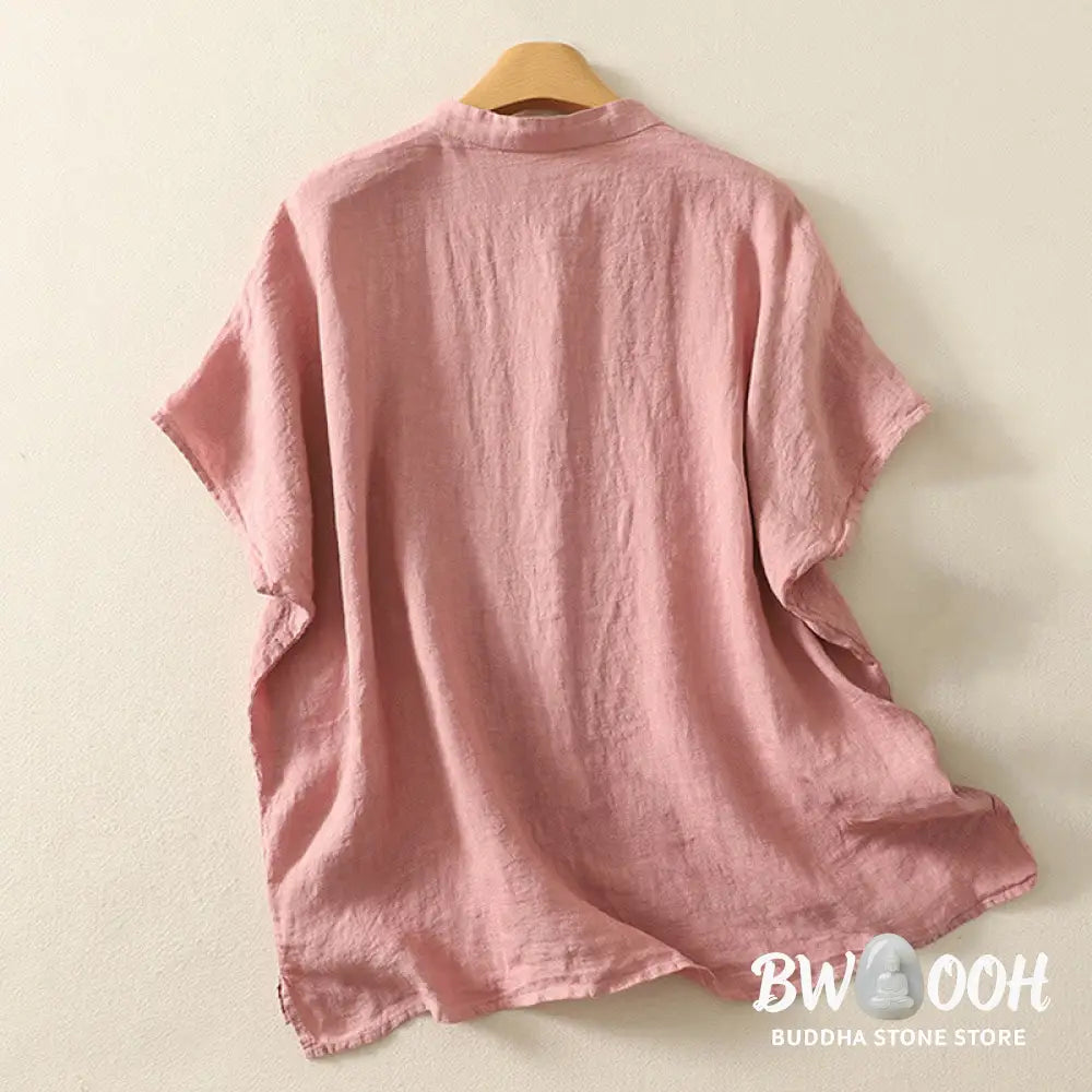 Buddha Stones Summer Plain Red Buttons Short Sleeve Women’s Cotton Linen Shirt - Women’s Shirts