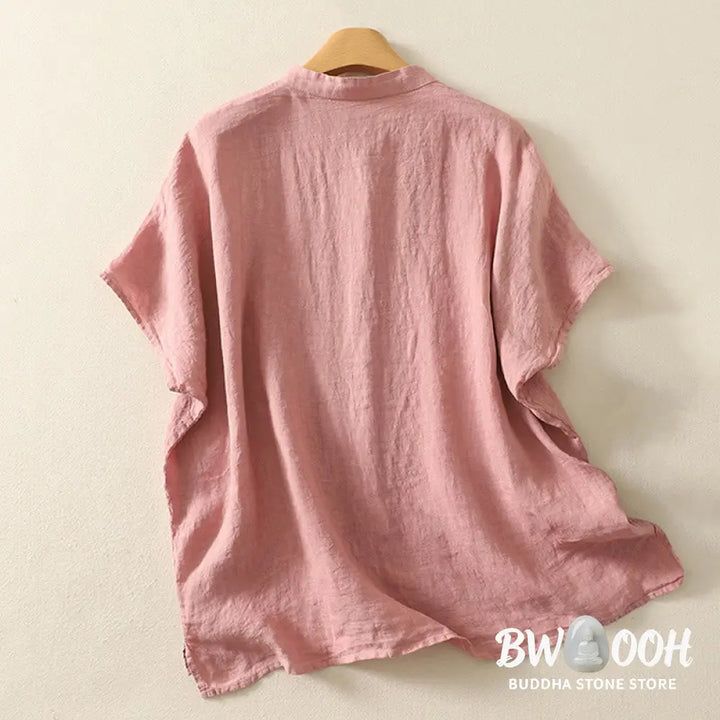 Buddha Stones Summer Plain Red Buttons Short Sleeve Women’s Cotton Linen Shirt - Women’s Shirts