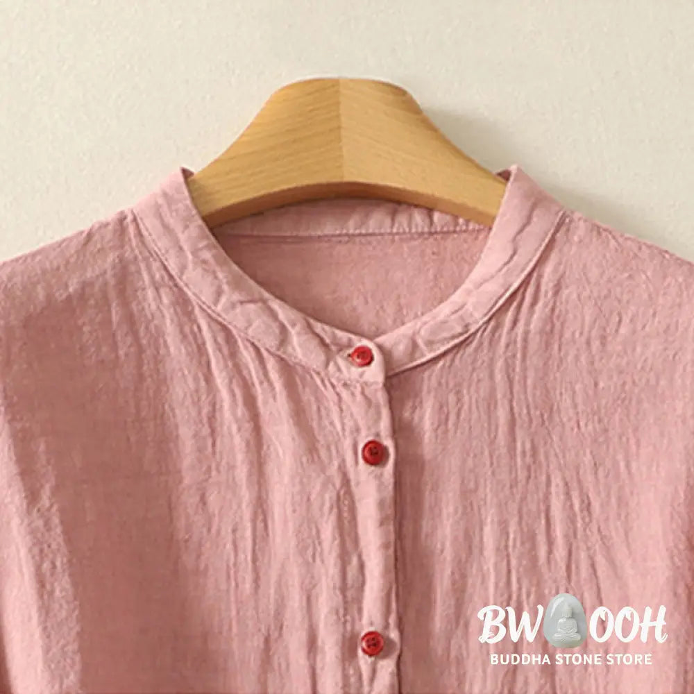 Buddha Stones Summer Plain Red Buttons Short Sleeve Women’s Cotton Linen Shirt - Women’s Shirts