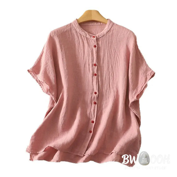 Buddha Stones Summer Plain Red Buttons Short Sleeve Women’s Cotton Linen Shirt - Women’s Shirts