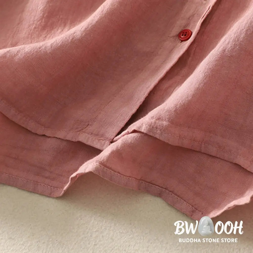 Buddha Stones Summer Plain Red Buttons Short Sleeve Women’s Cotton Linen Shirt - Women’s Shirts