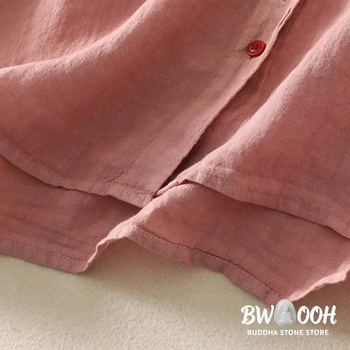 Buddha Stones Summer Plain Red Buttons Short Sleeve Women’s Cotton Linen Shirt - Women’s Shirts