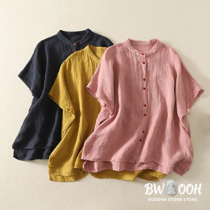 Buddha Stones Summer Plain Red Buttons Short Sleeve Women’s Cotton Linen Shirt - Women’s Shirts