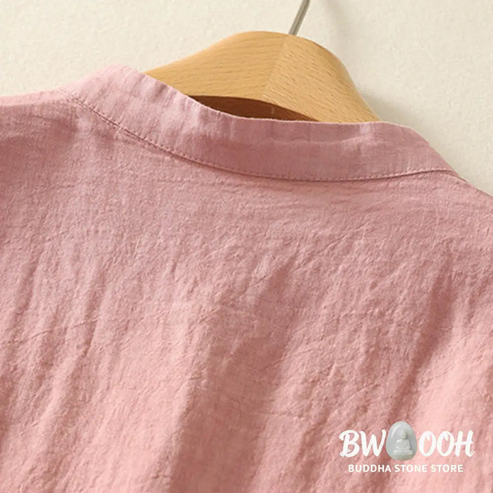 Buddha Stones Summer Plain Red Buttons Short Sleeve Women’s Cotton Linen Shirt - Women’s Shirts