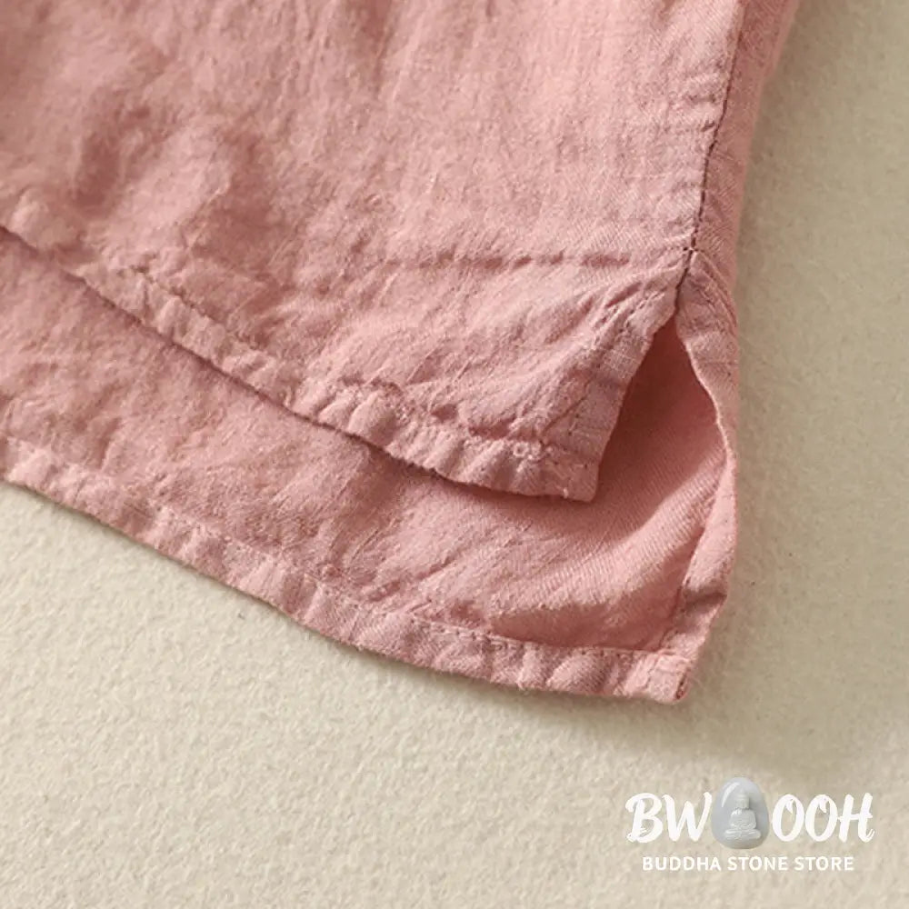 Buddha Stones Summer Plain Red Buttons Short Sleeve Women’s Cotton Linen Shirt - Women’s Shirts