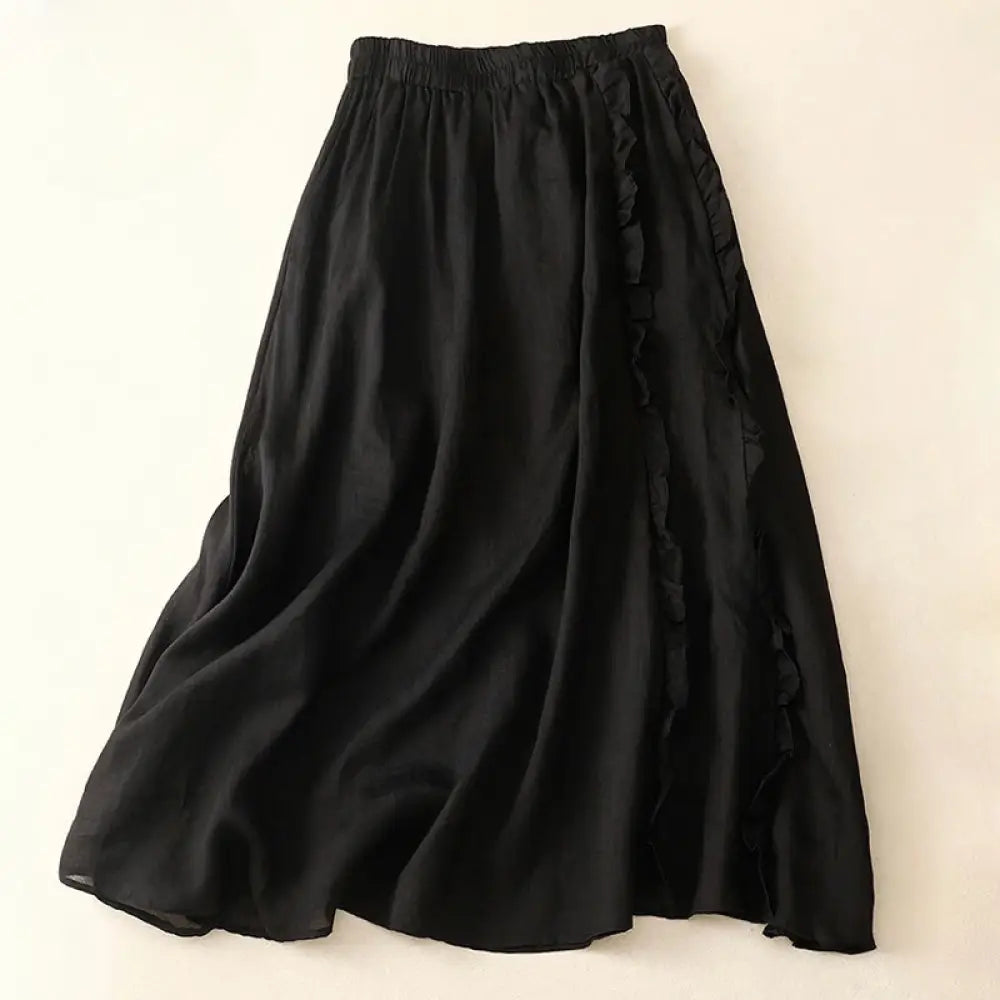 Buddha Stones Summer Plain Ruffle Design Women’s Cotton Skirt - Black / US4，UK/AU8，EU36 (L) - Skirt