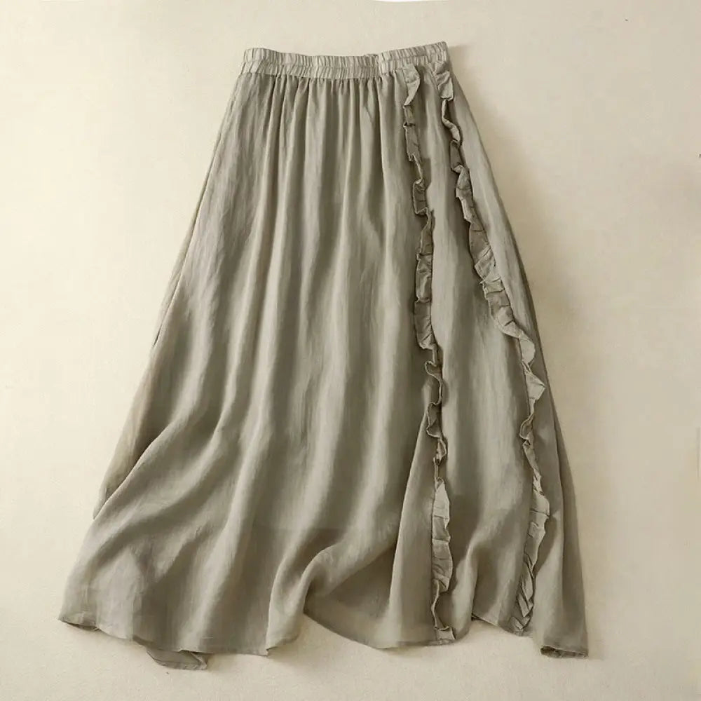 Buddha Stones Summer Plain Ruffle Design Women’s Cotton Skirt - DarkSeaGreen / US4，UK/AU8，EU36 (L) - Skirt