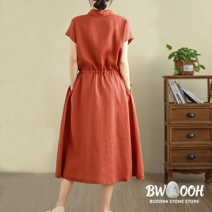 Buddha Stones Summer Plain Short Sleeve Drawstring Cotton Linen Midi Dress With Pockets - Midi Dress