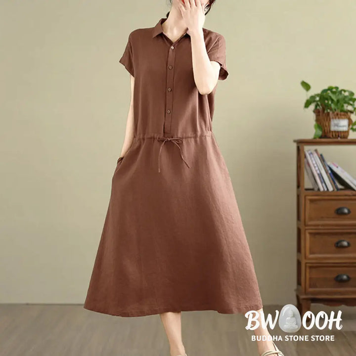 Buddha Stones Summer Plain Short Sleeve Drawstring Cotton Linen Midi Dress With Pockets - Midi Dress