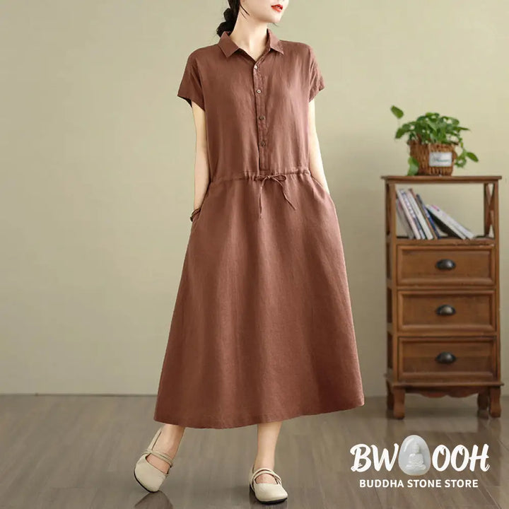 Buddha Stones Summer Plain Short Sleeve Drawstring Cotton Linen Midi Dress With Pockets - Midi Dress