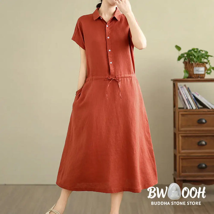 Buddha Stones Summer Plain Short Sleeve Drawstring Cotton Linen Midi Dress With Pockets - Midi Dress