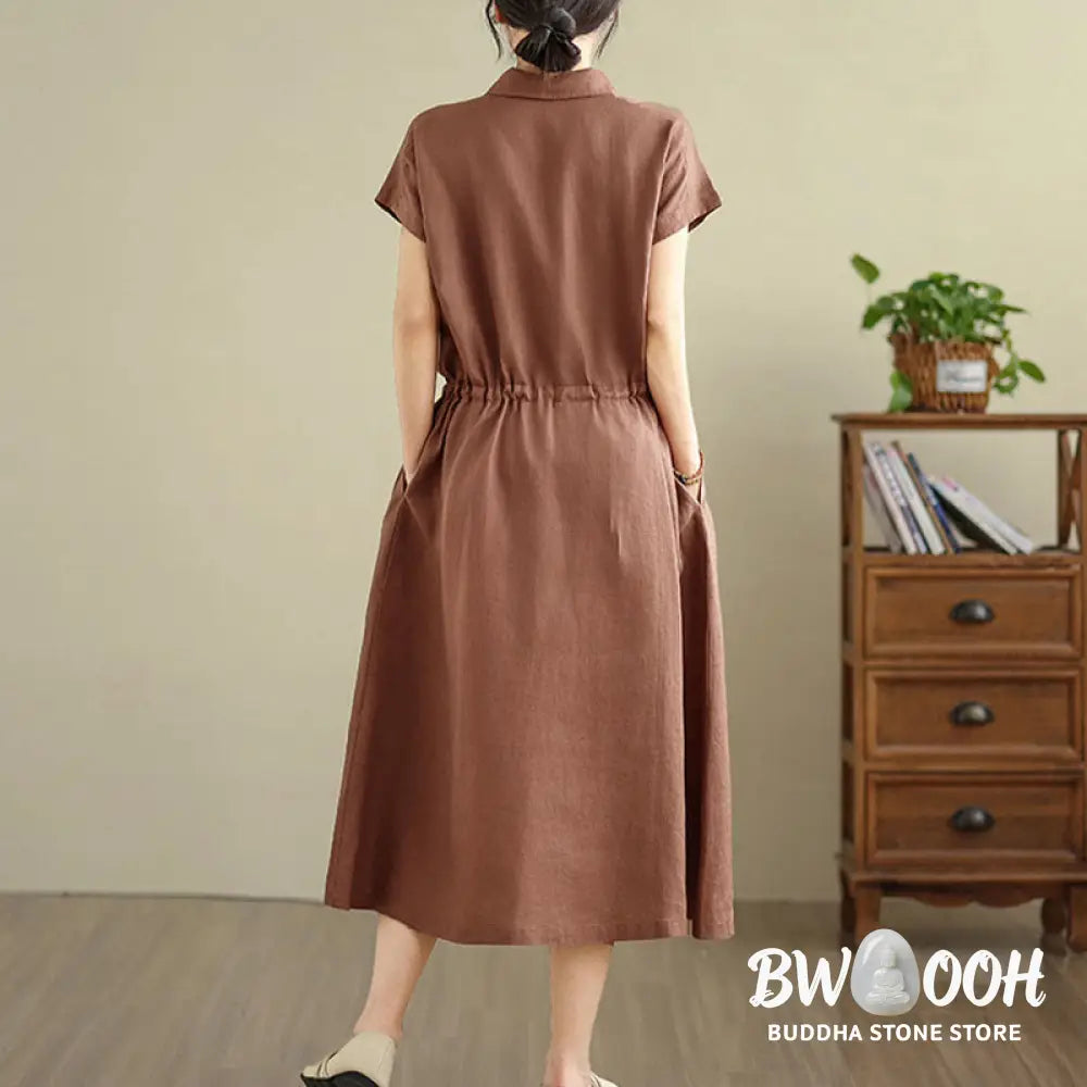 Buddha Stones Summer Plain Short Sleeve Drawstring Cotton Linen Midi Dress With Pockets - Midi Dress