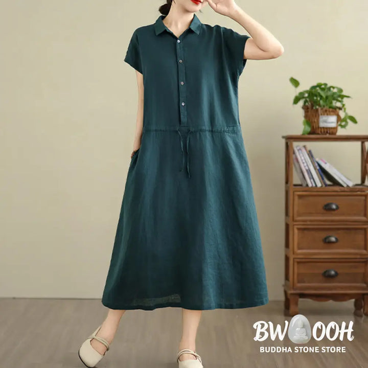 Buddha Stones Summer Plain Short Sleeve Drawstring Cotton Linen Midi Dress With Pockets - Midi Dress