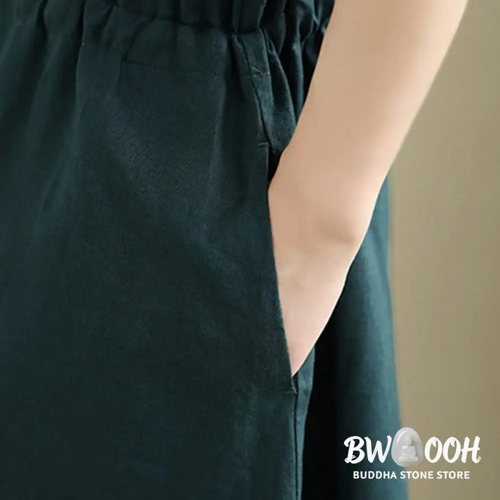Buddha Stones Summer Plain Short Sleeve Drawstring Cotton Linen Midi Dress With Pockets - Midi Dress
