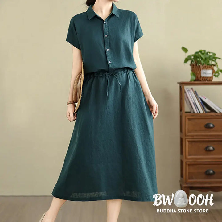 Buddha Stones Summer Plain Short Sleeve Drawstring Cotton Linen Midi Dress With Pockets - Midi Dress