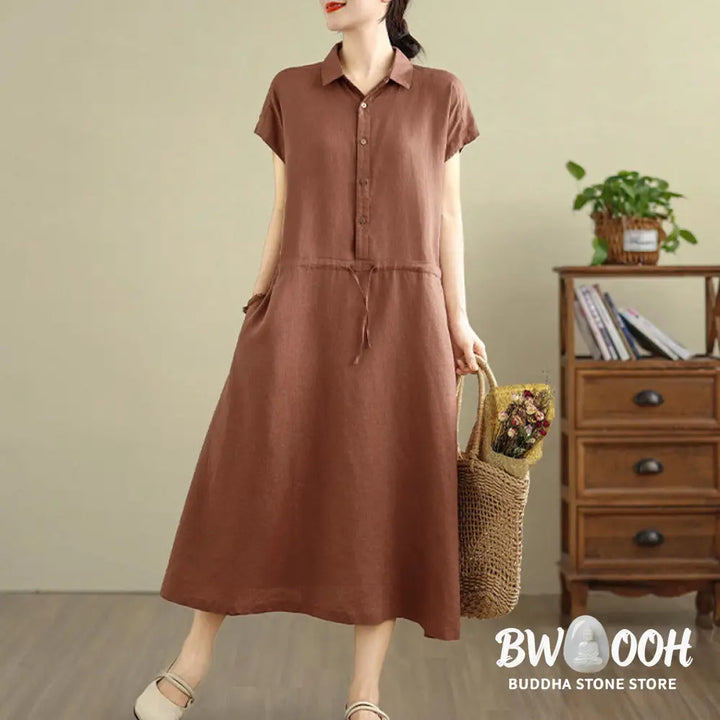 Buddha Stones Summer Plain Short Sleeve Drawstring Cotton Linen Midi Dress With Pockets - Midi Dress