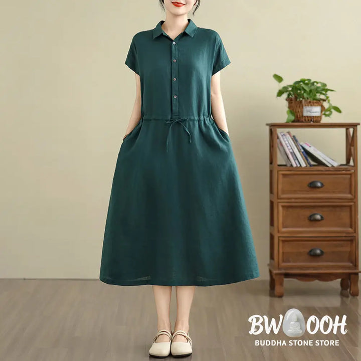 Buddha Stones Summer Plain Short Sleeve Drawstring Cotton Linen Midi Dress With Pockets - Midi Dress