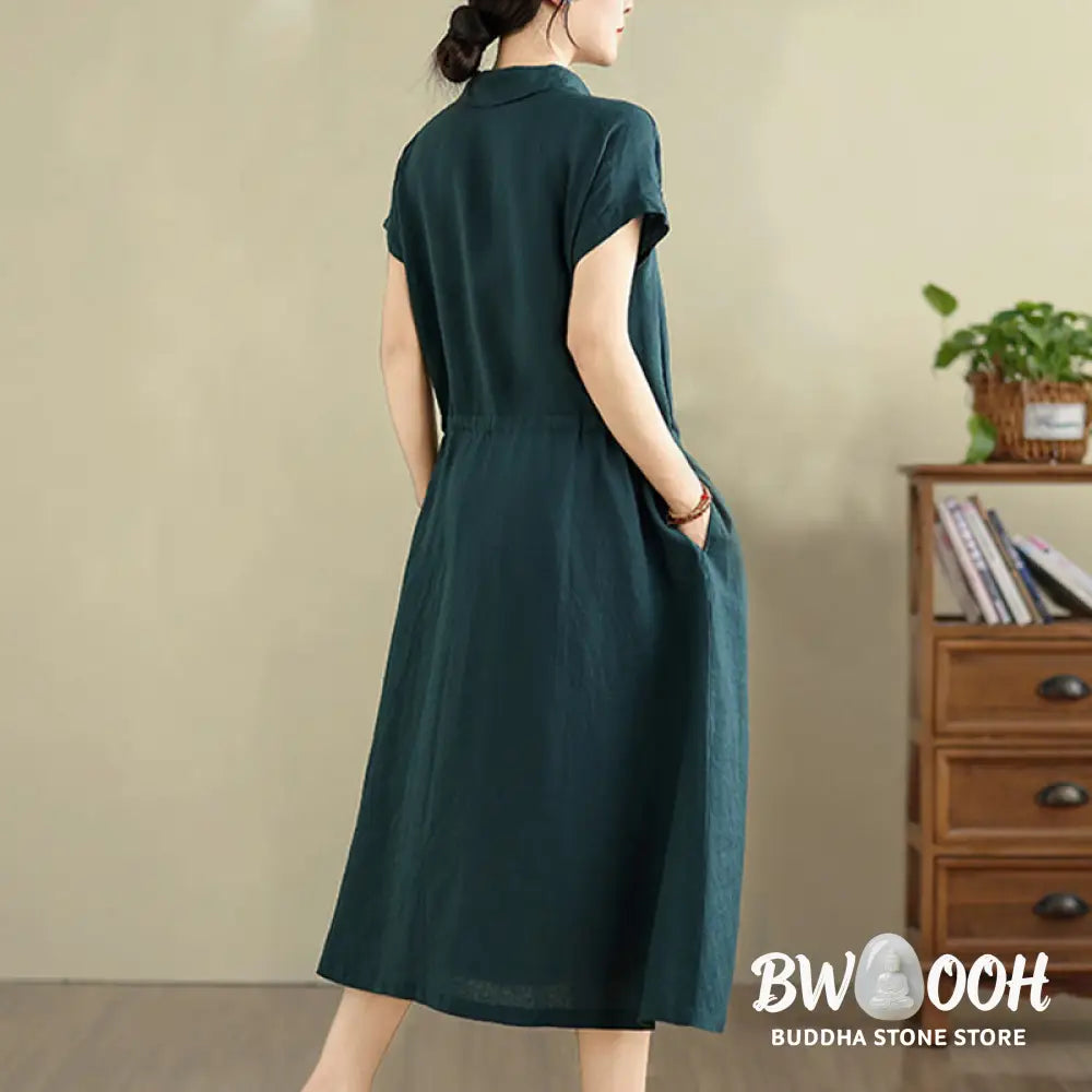 Buddha Stones Summer Plain Short Sleeve Drawstring Cotton Linen Midi Dress With Pockets - Midi Dress