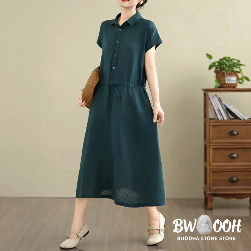 Buddha Stones Summer Plain Short Sleeve Drawstring Cotton Linen Midi Dress With Pockets - Midi Dress