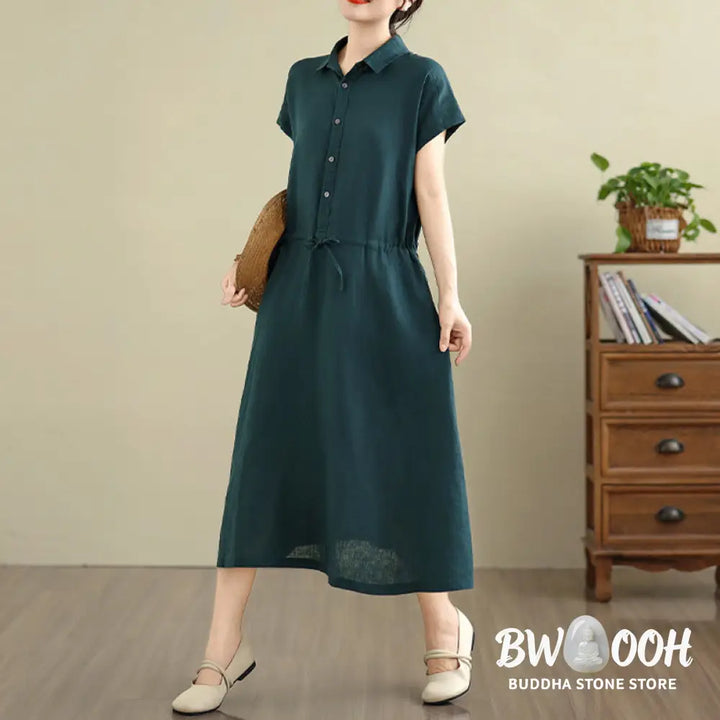 Buddha Stones Summer Plain Short Sleeve Drawstring Cotton Linen Midi Dress With Pockets - Midi Dress