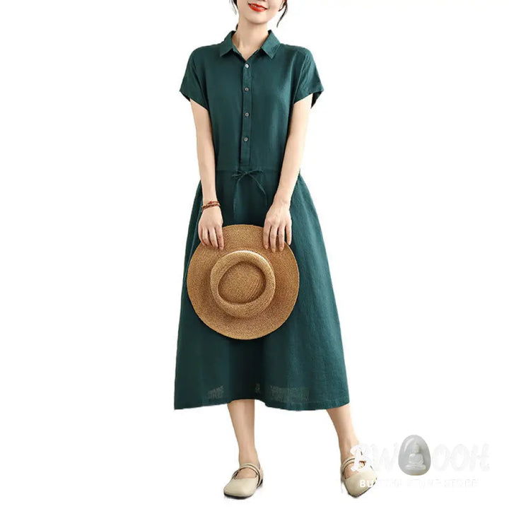 Buddha Stones Summer Plain Short Sleeve Drawstring Cotton Linen Midi Dress With Pockets - Midi Dress