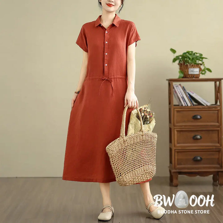 Buddha Stones Summer Plain Short Sleeve Drawstring Cotton Linen Midi Dress With Pockets - Midi Dress