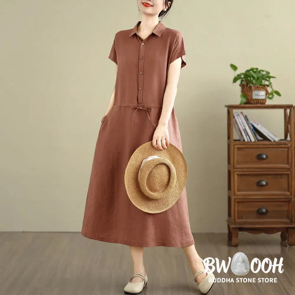 Buddha Stones Summer Plain Short Sleeve Drawstring Cotton Linen Midi Dress With Pockets - Midi Dress