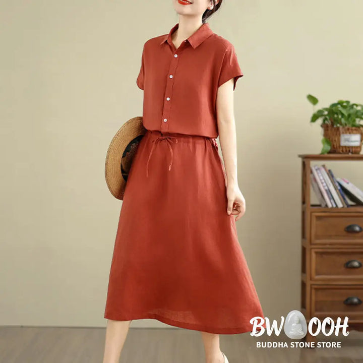 Buddha Stones Summer Plain Short Sleeve Drawstring Cotton Linen Midi Dress With Pockets - Midi Dress