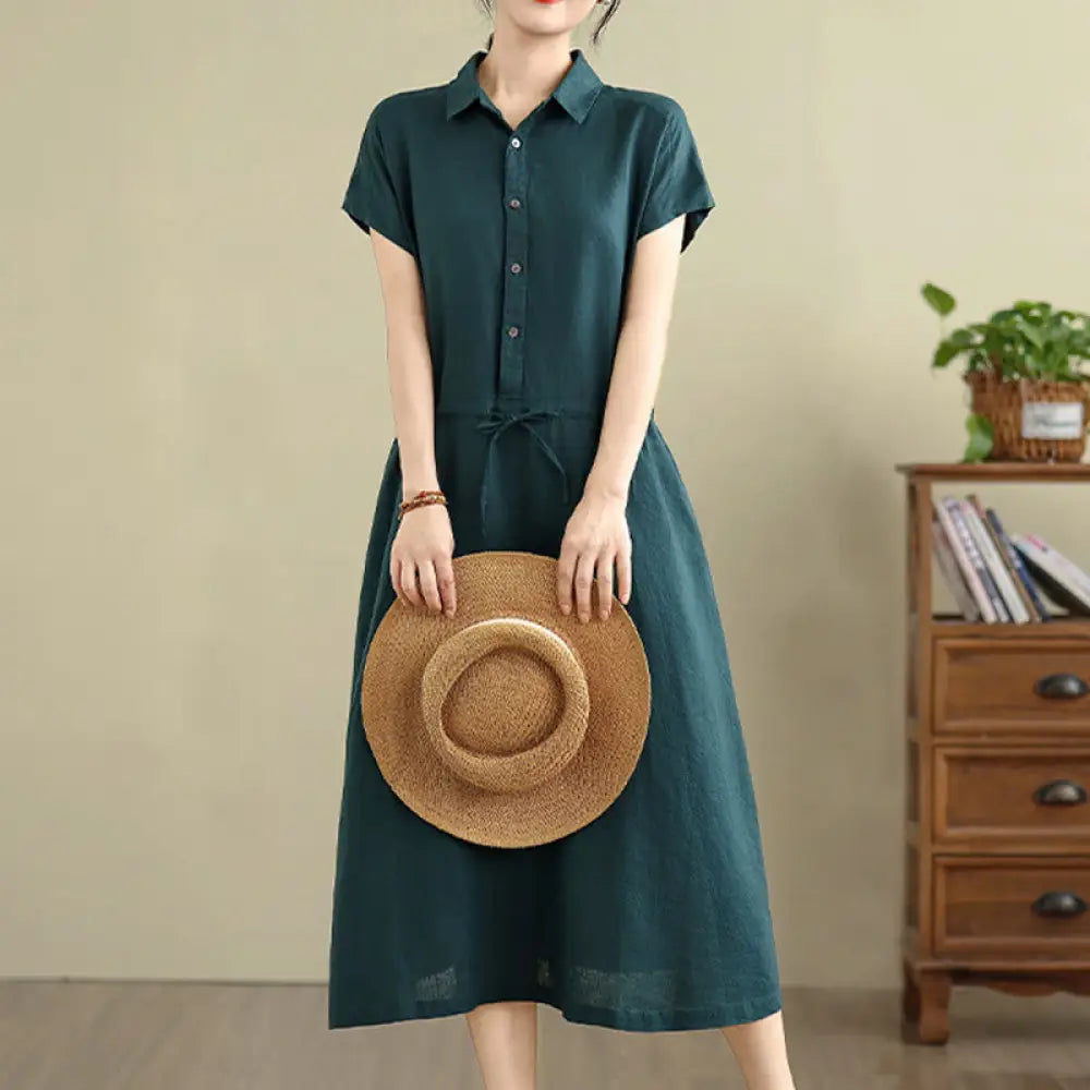 Buddha Stones Summer Plain Short Sleeve Drawstring Cotton Linen Midi Dress With Pockets - DarkGreen / US4，UK/AU8，EU36
