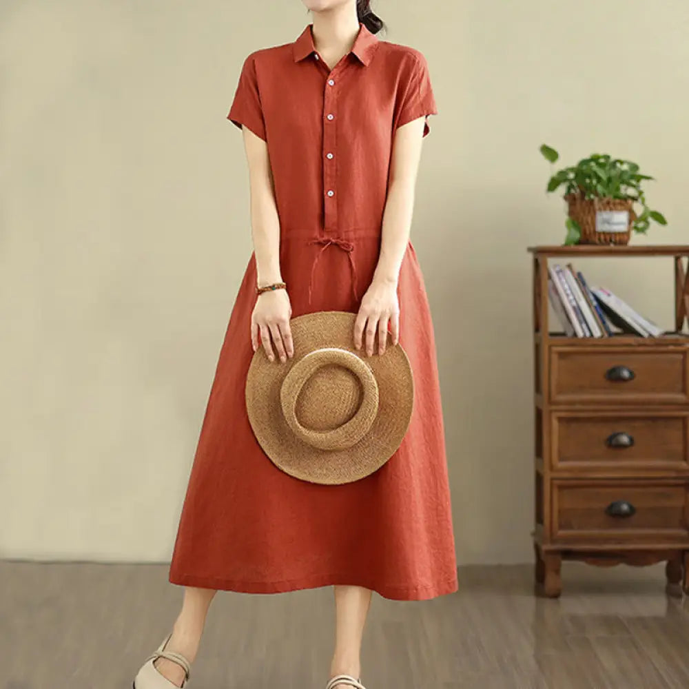 Buddha Stones Summer Plain Short Sleeve Drawstring Cotton Linen Midi Dress With Pockets - OrangeRed / US4，UK/AU8，EU36