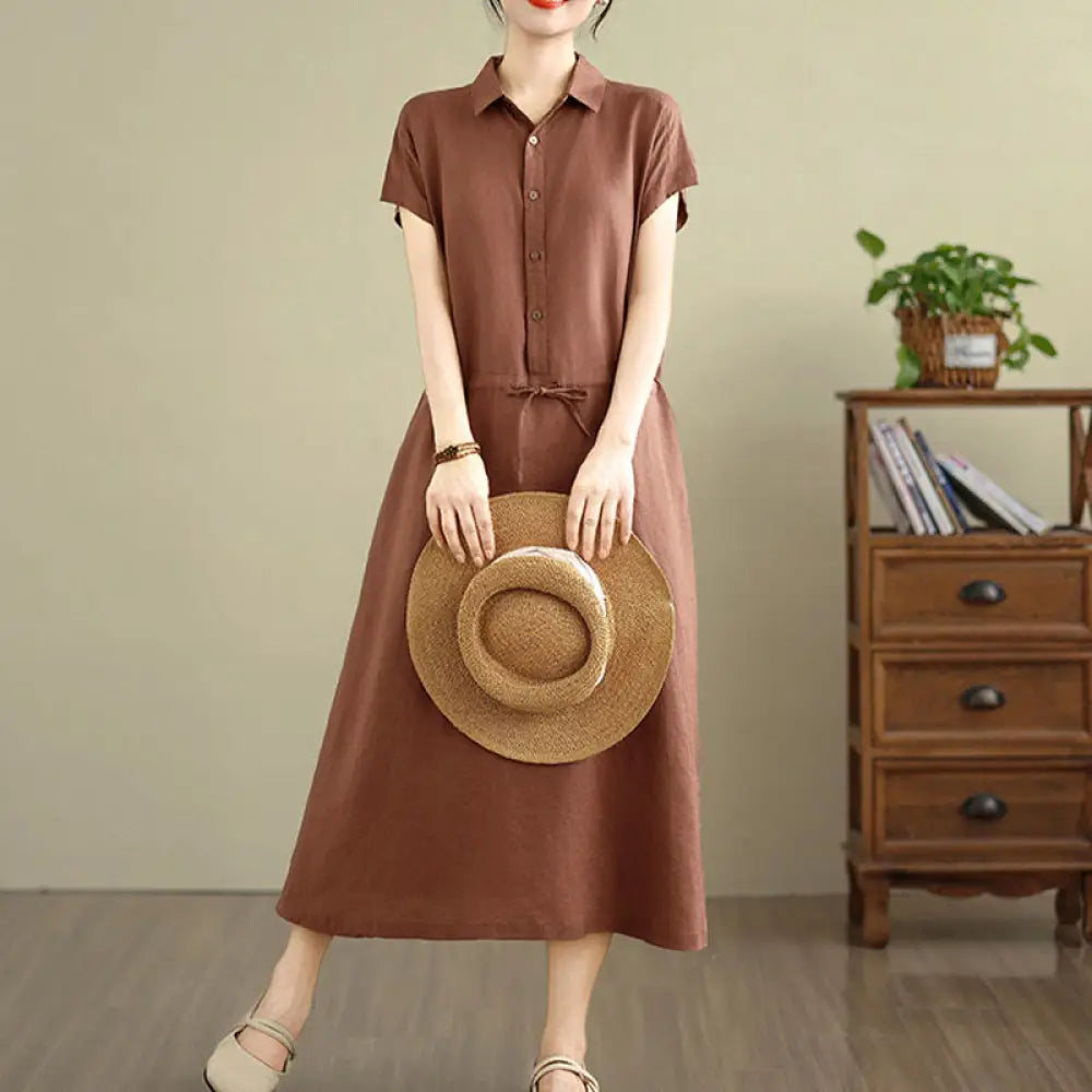 BWOOOH Summer Plain Short Sleeve Drawstring Cotton Linen 