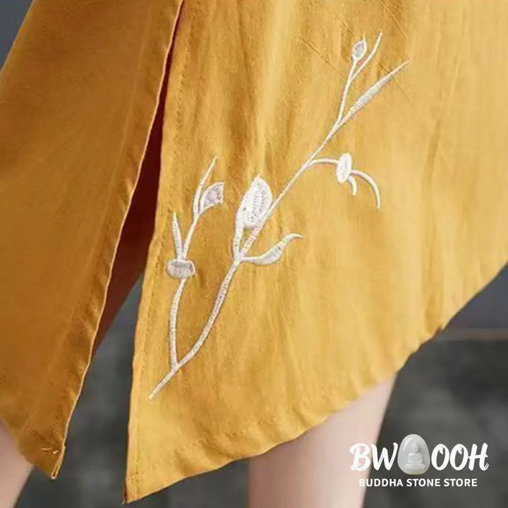 Buddha Stones Summer Printing Phoenix Pattern Short Sleeve Cotton Linen Midi Dress - Midi Dress