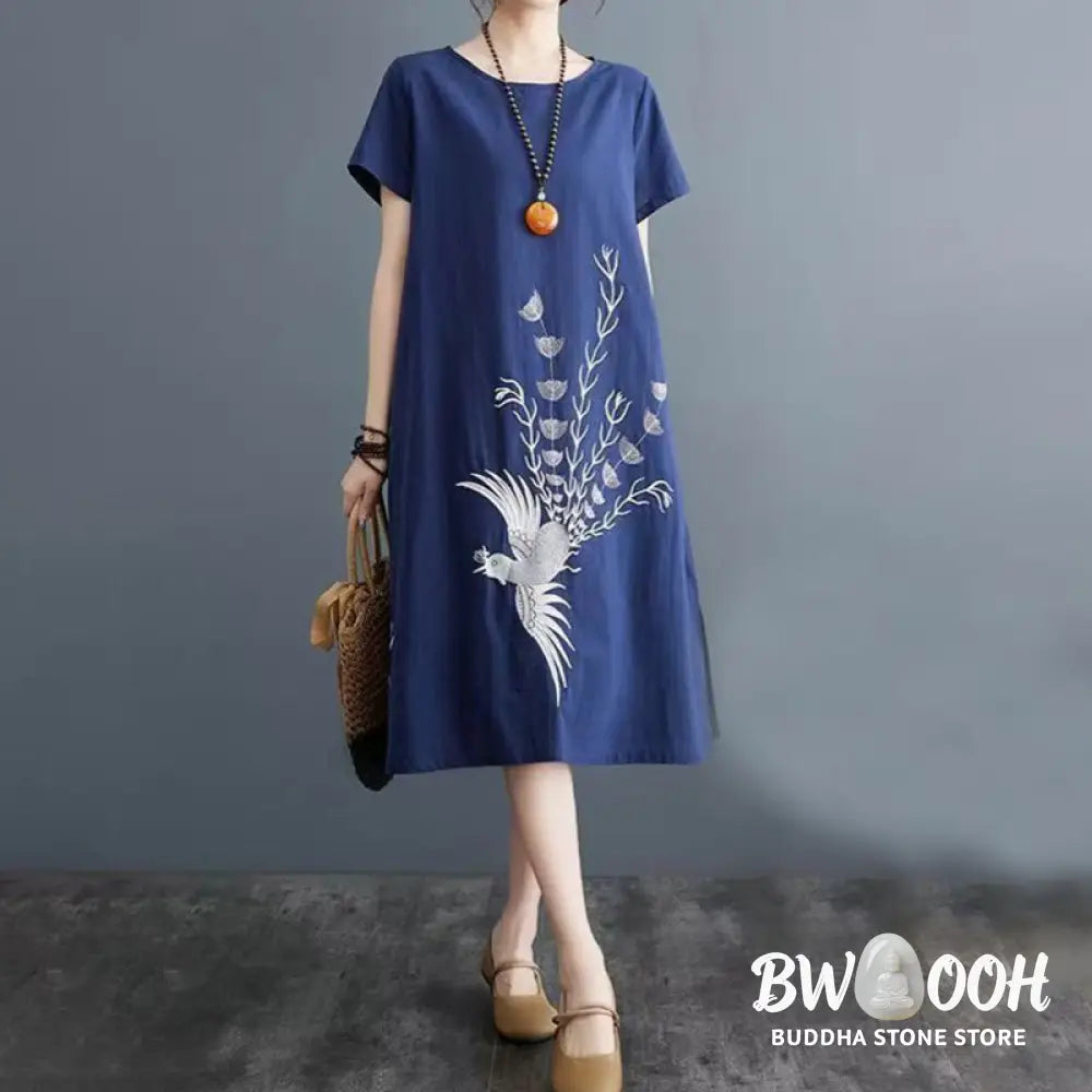 Buddha Stones Summer Printing Phoenix Pattern Short Sleeve Cotton Linen Midi Dress - Midi Dress
