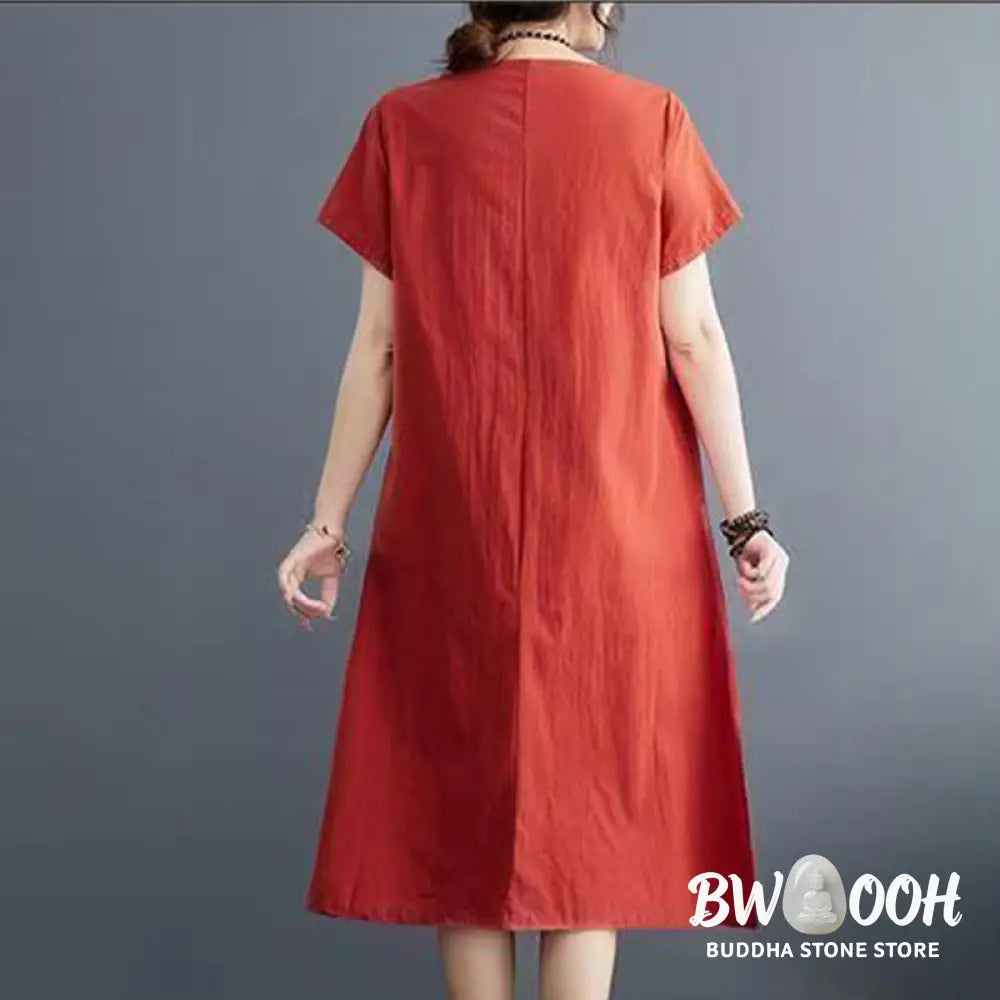 Buddha Stones Summer Printing Phoenix Pattern Short Sleeve Cotton Linen Midi Dress - Midi Dress
