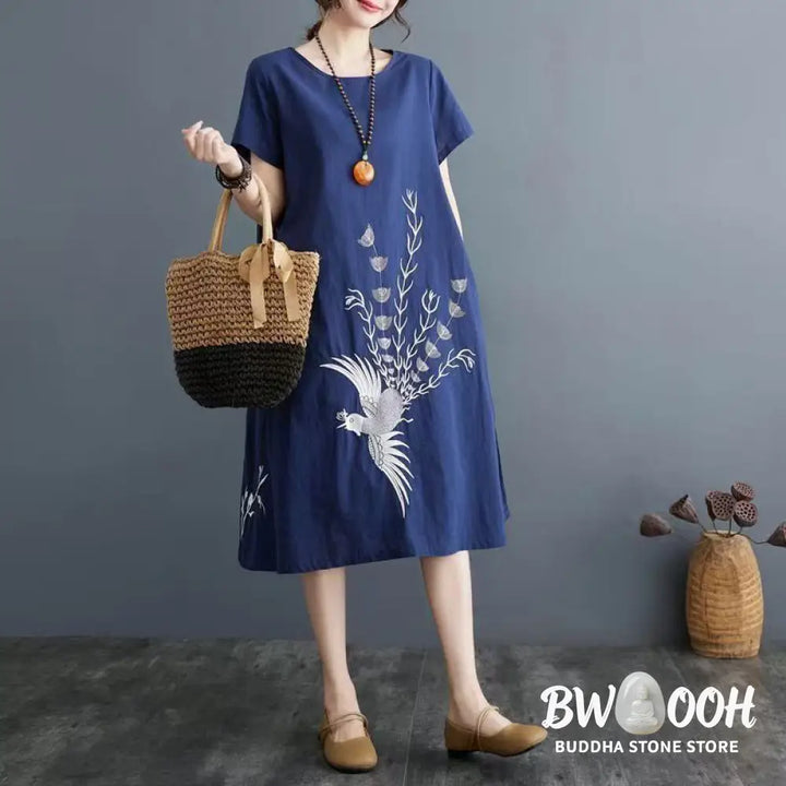 Buddha Stones Summer Printing Phoenix Pattern Short Sleeve Cotton Linen Midi Dress - Midi Dress