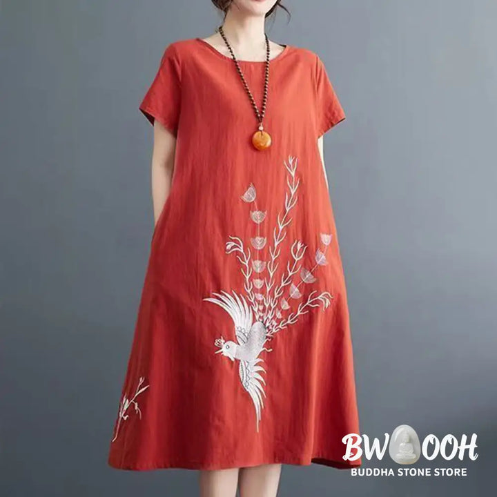 Buddha Stones Summer Printing Phoenix Pattern Short Sleeve Cotton Linen Midi Dress - Midi Dress
