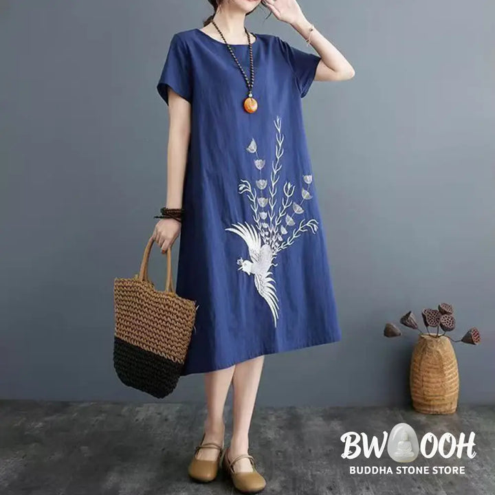 Buddha Stones Summer Printing Phoenix Pattern Short Sleeve Cotton Linen Midi Dress - Midi Dress