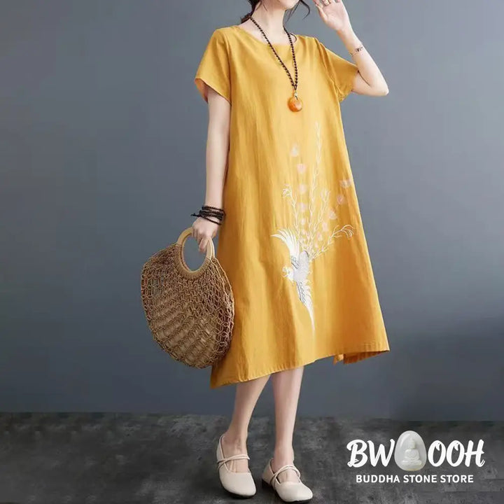 Buddha Stones Summer Printing Phoenix Pattern Short Sleeve Cotton Linen Midi Dress - Midi Dress