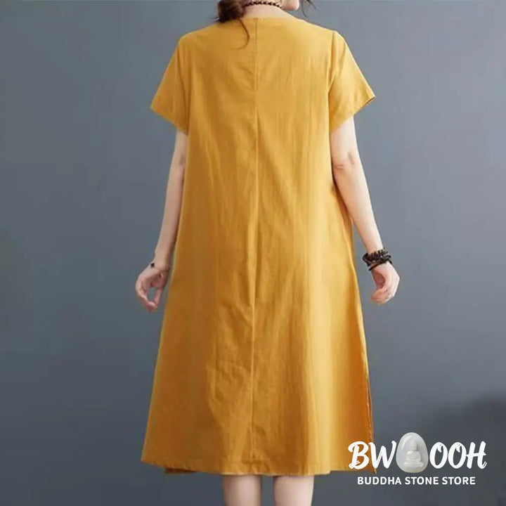 Buddha Stones Summer Printing Phoenix Pattern Short Sleeve Cotton Linen Midi Dress - Midi Dress