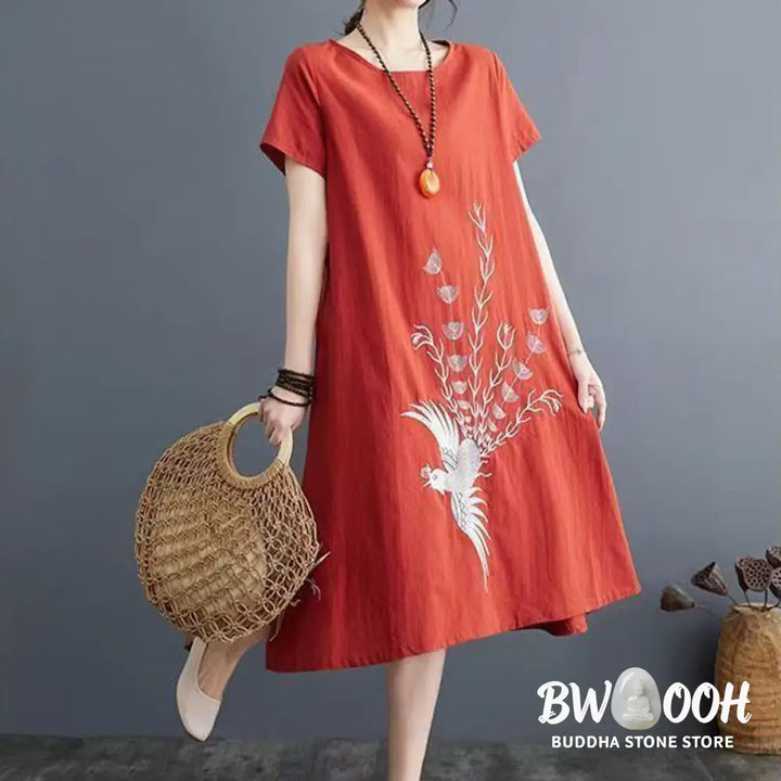 Buddha Stones Summer Printing Phoenix Pattern Short Sleeve Cotton Linen Midi Dress - Midi Dress