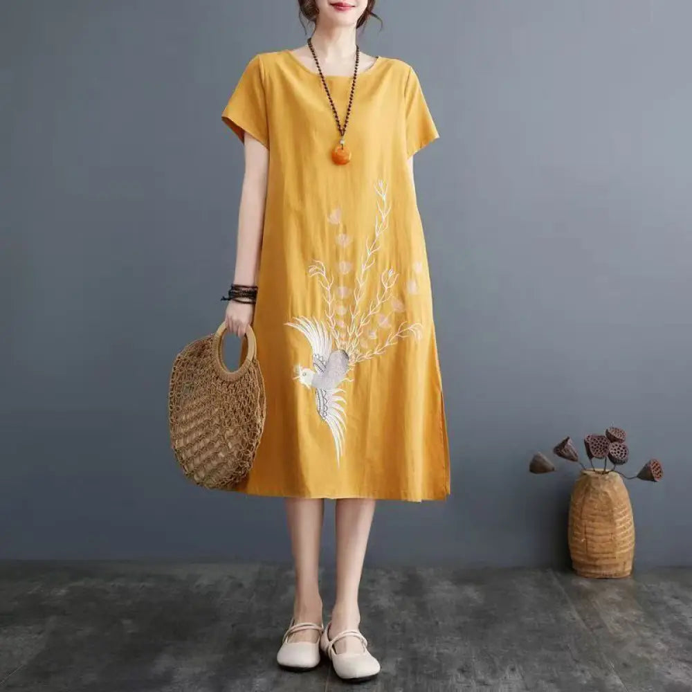 Buddha Stones Summer Printing Phoenix Pattern Short Sleeve Cotton Linen Midi Dress - Gold / US4，UK/AU8，EU36 (L) - Midi