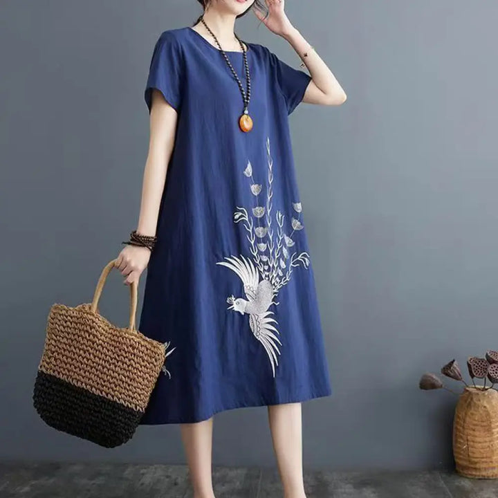 Buddha Stones Summer Printing Phoenix Pattern Short Sleeve Cotton Linen Midi Dress - Navy / US4，UK/AU8，EU36 (L) - Midi